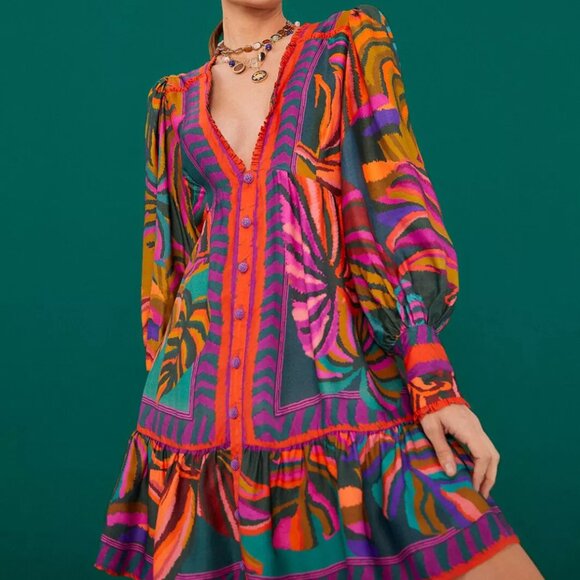 Farm Rio Graphic Foliage Long Sleeve Mini Dress I Size M I Worn only a few times - Picture 3 of 7